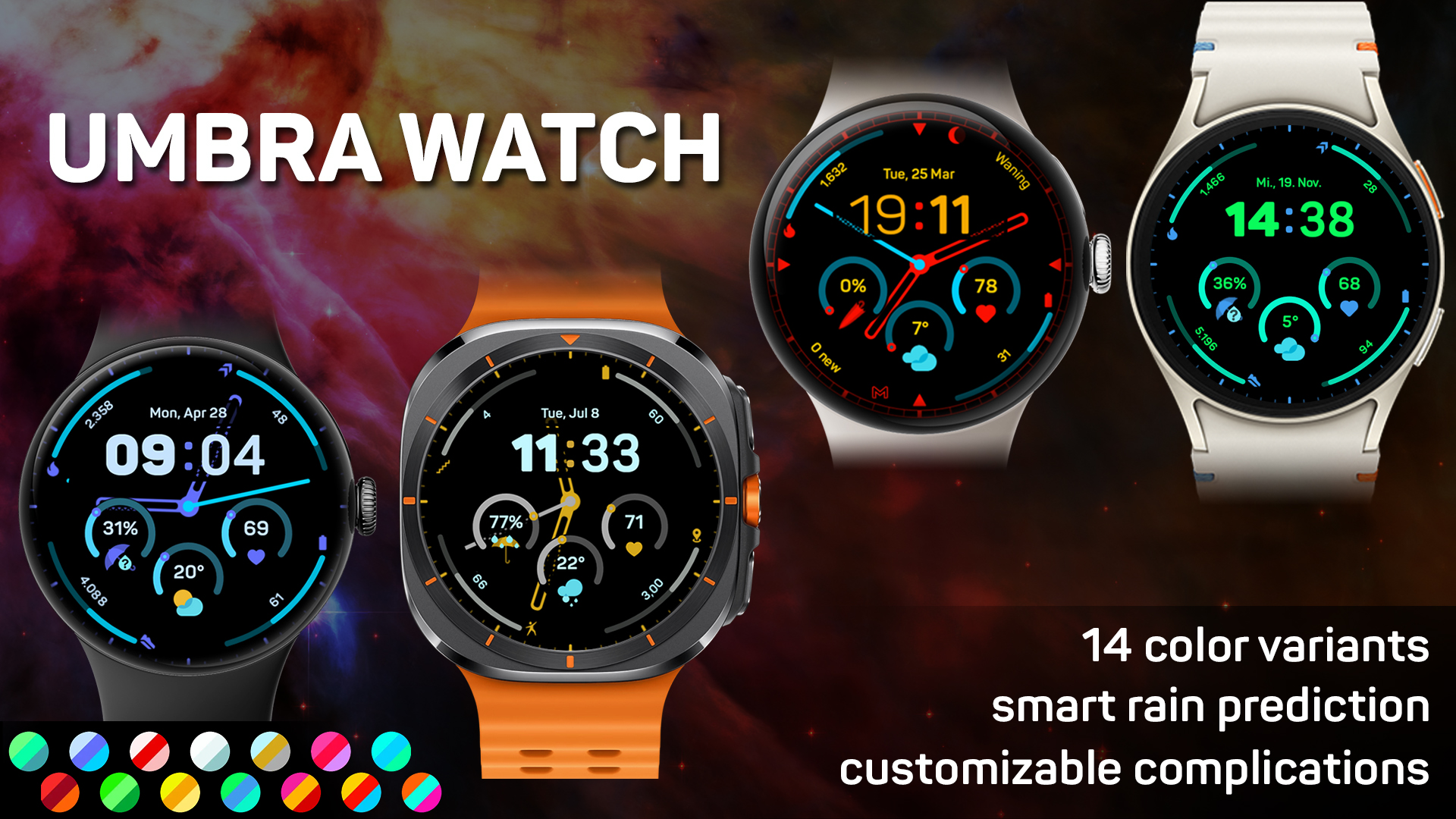 Umbra Watch watch face on four smartwatches, with 14 color variants, smart rain prediction and customizable complications